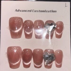 Nude Glitter Press-On Nail Set with Accent Gems cateye